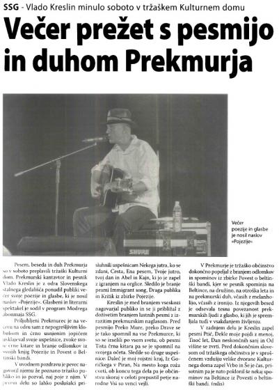 <p>Vlado Kreslin minulo soboto v tržaškem Kulturnem domu: Večer prežet s pesmijo in duhom Prekmurja, Primorski dnevnik, 19.2.2013</p>