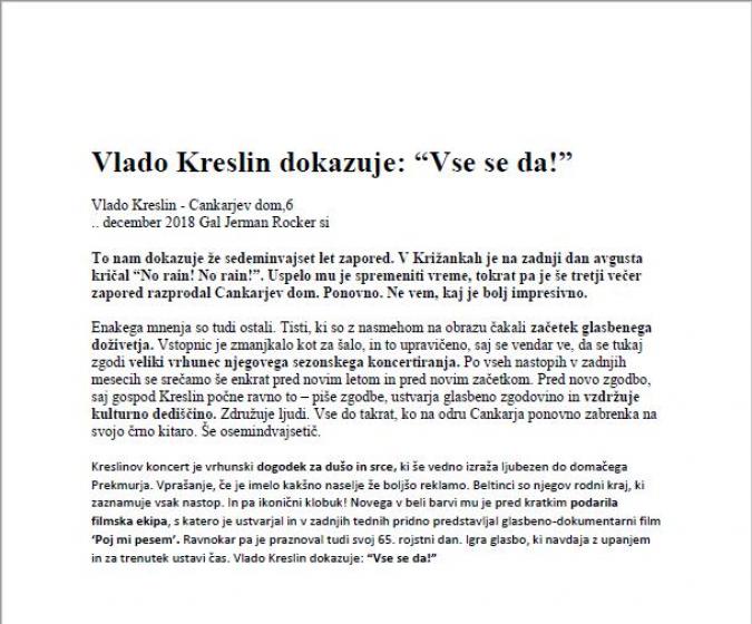 <p>Vlado Kreslin dokazuje: “Vse se da!”<br>Vlado Kreslin - Cankarjev dom,6. december 2018<br>Gal Jerman, Rocker.si</p>