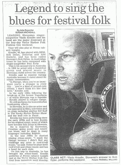 <p>The Advertiser, 28. 9. 2000</p><p>Legend to sing the blues for festival folk</p>
